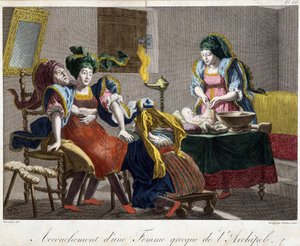 Accouchement en Grèce - gravure, fin 19e siècle