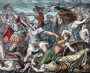 Femmes cimbres défendant leur fort de chariots - Antiquité romaine, guerre des Cimbres : le sacrifice des femmes cimbres contre les soldats romains
