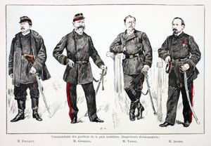 Commandants des gardiens de la paix mobilisés (inspecteurs divisionnaires), de gauche à droite : M. Foucault, M. Giobergia, M. Vassal, M. Archer. Eau-forte en couleurs pour illustrer "Histoire du corps des gardiens de la paix"