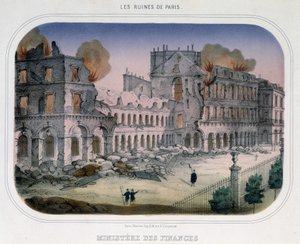 Commune de Paris : Incendie au Ministère des Finances (au moment des Tuileries) le 24 mai 1871. Gravure du 19e siècle.