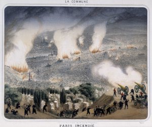 Commune de Paris : incendie de Paris. Les communards tirant des canons vers Paris. 1871.