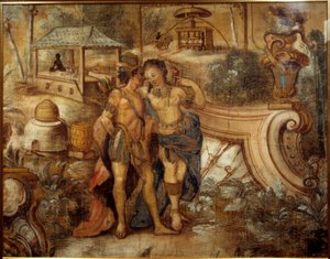 Couple : une femme avec un Indien devant une plantation de sucre aux Antilles. Peinture anonyme - Unknown artist
