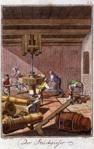 Artisanat : les fondeurs de canons dans leur atelier. Dans « Description complète des arts et métiers et ateliers pour les jeunes » par Johan Peter Vue. Éd. Nuremberg, Weigel et Schneider - Unknown artist