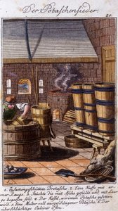 Métiers : le salinier travaillant la potasse dans son atelier. Dans « Description complète des arts et métiers et ateliers pour les jeunes » par Johan Peter Vue. Ed. Nuremberg, Weigel et Schneider - Unknown artist