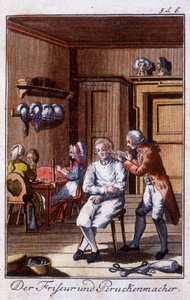 Métiers : coiffeur et perruquier dans leur atelier. Dans « Description complète des arts et métiers et ateliers pour les jeunes » par Johan Peter Vue. Éd. Nuremberg, Weigel et Schneider - Unknown artist