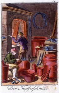 Artisanat : le chaudronnier dans son atelier. Dans « Description complète des arts et métiers et ateliers pour les jeunes » par Johan Peter Vue. Éd. Nuremberg, Weigel et Schneider - Unknown artist