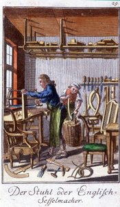 Artisanat : le fabricant de chaises dans son atelier. Dans « Description complète des arts et métiers et ateliers pour les jeunes » par Johan Peter Vue. Ed. Nuremberg, Weigel et Schneider