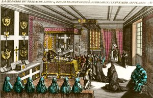 Mort du roi Louis XIV : la chambre mortuaire de Louis XIV (1638-1715), connu sous le nom de Roi Soleil, décédé à Versailles le 1/09/1715. Gravure du 18ème siècle Collection privée - Unknown artist