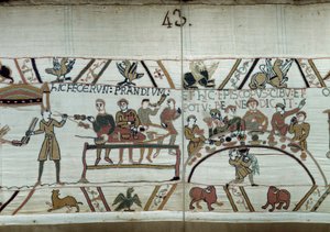 Débarquement en Angleterre, les troupes de Guillaume le Conquérant (1027-1087) festoient en attendant de combattre les armes saxonnes d