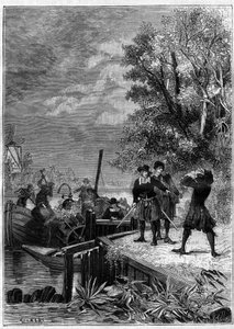 Denis Papin (1647-1712) physicien, mathématicien et inventeur français, regarde son bateau équipé de sa nouvelle invention, un système de machine à vapeur encore inconnu, détruit par des bateliers pour vendre quelques pièces. Gravure dans « La Nature » - Unknown artist