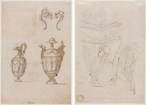 Conception pour deux vases et un ornement (recto); Esquisses de cinq bras et une tête (verso)