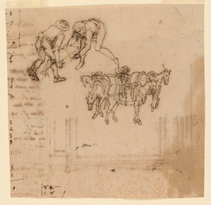 Dessin: A) Deux hommes portant un tronc; quatre mules avec un conducteur. B) Projet pour un cadre - Unknown artist