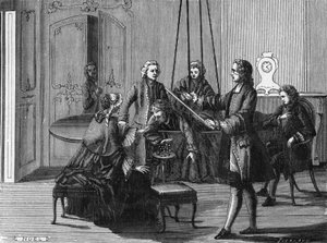 Expérience de Dufay. Charles François Du Fay (Dufay ?) (1698 - 1739), chimiste et physicien français a montré que des étincelles électriques peuvent être tirées du corps humain. Gravure de l