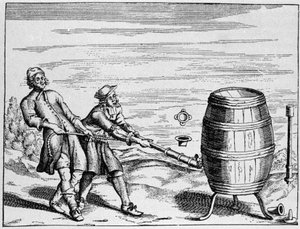 Expérience réalisée par le scientifique allemand Otto von Guericke pour calculer la pression atmosphérique. Planche tirée de "Ottonis de Guericke: Experimenta Nova Magdeburgica de vacuo spatio" par Otto von Guericke