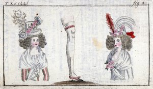 Mode XVIIIe siècle : coiffure et jarretière des femmes vers 1788 - Unknown artist