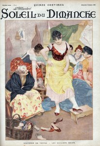 Mode fin 19ème siècle : nouvelles chaussures de Venise. Femmes essayant des chaussures de la ville italienne. Gravure dans « Le soleil-du-dimanche », 8 octobre