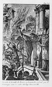Incendie de la ville de Béziers en Languedoc, exécuté par Saint Dominique sous les ordres du pape Innocent III dans « Les Crimes de la Religion » - Unknown artist