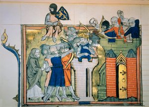 Première croisade : Godefroi (ou Godefroy) de Bouillon (1058-1100) dans une tour ronde attaqua Jérusalem en 1099. Miniature tirée de « Roman De Godefroy De Bouillon et de Saladin » - Unknown artist