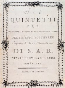 Première page de la partition musicale de « Sei quintetti per due violini flauto viola e violoncello » de Luigi Boccherini - Unknown artist