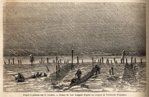 Pièges à poissons, placés sur les rives de la rivière Yukon (extrême nord du Canada). Gravure pour illustrer le voyage et les aventures en Colombie anglaise, sur l