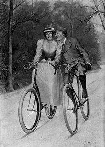 Flirt fin de siècle : couple à vélo - gravure