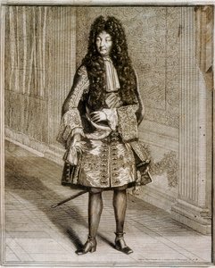 Portrait en pied du roi Louis XIV, dit le Roi Soleil (1638-1715). Gravure du XVIIIe siècle. Bibliothèque nationale de Madrid