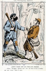 Taxe forcée sur les fusils : « Allons bourgeois, donne-moi vite ton fusil si tu ne veux pas que je te ruine la peau » - caricature sur les « nouvelles taxes » - Unknown artist
