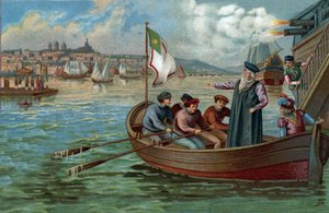 Anciens centres commerciaux : retour de Vasco de Gama (1469-1524), navigateur portugais à Porto, Portugal. Chromolithographie de la fin du XIXe siècle. - Unknown artist