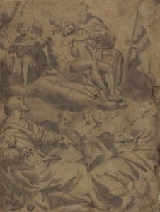 Les quatre évangélistes et la vision de Dieu tenant le Christ mort avec les instruments de la Passion - Unknown artist