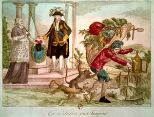 Révolution française : « Ça ne durera pas toujours » : paysan accablé par un prélat et un noble. Gravure du XVIIIe siècle.