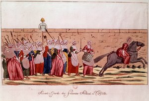 Révolution française de 1789 : avant-garde des femmes se rendant à Versailles le 5 octobre 1789. Gravure du 18ème siècle. Paris, B. N.