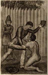 Vendredi est jeté dans les bras de Robinson Crusoé, gravure insérée dans « Les aventures de Robinson Crusoé » de Daniel Defoe - Unknown artist