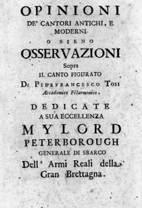 Frontispice de « Opinioni dei cantori antichi e moderni ossiano osservazioni sopra il canto figurato » par Pier Francesco Tosi (1653 - 1732), castrat, compositeur et théoricien italien. 1723 - Unknown artist