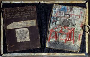 Frontispice de la collection de poèmes du poète portugais Luis Vaz de Camoes, connu sous le nom de Camoens (1525-1580)