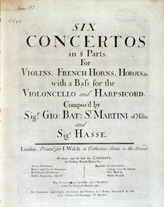 Frontispice de la partition musicale Six concertos en 8 parties par G B Sammartini et J A Hasse - Unknown artist