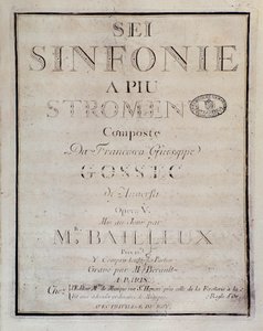 Frontispice de la partition de Sei sinfonie a piu strumenti op. 5 (première symphonie) par François Joseph Gossec