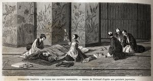 Cérémonies funéraires : le moine des derniers sacrements. Gravure pour illustrer le voyage au Japon en 1863-1864, par Aimé Humbert, ministre de la Confédération suisse, dans « Le tour du monde, nouveau journal des voyages », publié sous la direction d