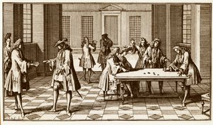 Salle de jeux au XVIIIe siècle - Gravure de Sebastien Le Clerc dans « Essai d