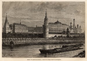 Vue générale du Kremlin, centre géographique de Moscou et centre politique de la Russie, le quartier construit au 14ème siècle a toujours été agrandi et restauré au fil des péripéties historiques du pays. Gravure pour illustrer La Russie - Unknown artist