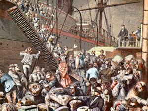 Émigrants allemands pour New York embarquant sur un vapeur de Hambourg en 1874, gravure - (Deutsche Emigranten) - Unknown artist