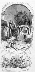 Gilles de Rais (Retz ou Rays) (1404-1440) en situation : les sorciers, pour leurs opérations magiques, achetaient des enfants mort-nés (XVe siècle) - gravure, n.d.
