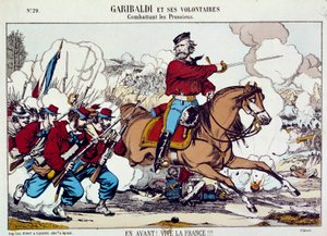 Giuseppe Garibaldi (1807-1882) combattant avec ses volontaires contre les Prussiens. « En avant, vive la France » Vers 1871. Gravure B.N. Paris - Unknown artist