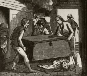 Gordon et ses compagnons pressant le capitaine français à mort avec un grand coffre, vers 1836 - Unknown artist