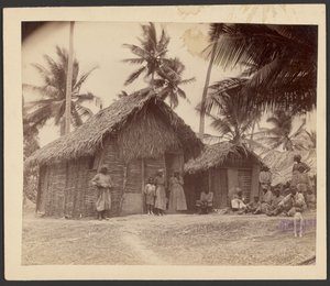 [Groupe devant des cabanes au toit de chaume]