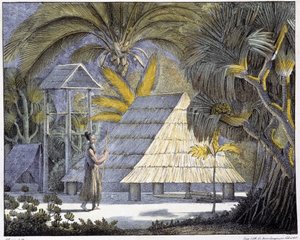 Habitat sur les îles Radak, archipel des îles Marshall. Gravure du XIXe siècle. - Unknown artist