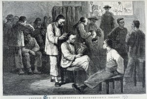 Salon de coiffure dans la communauté chinoise de Californie - gravure - Unknown artist