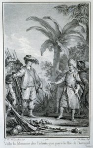 Voici la monnaie des tributs que le Roi du Portugal paie : commerce des portugais dans les colonies - dans « Histoire philosophique et politique des établissements et du commerce des européens dans les deux Indes », par Guillaume Thomas Raynal, éd. Pelle