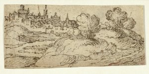 Ville sur la colline avec des arbres au premier plan - Unknown artist