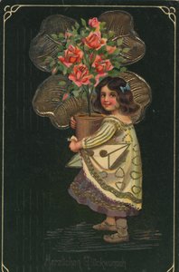 Carte de vœux historique avec un enfant et une grande plante en pot, rose - Unknown artist