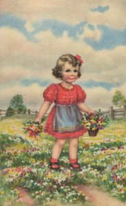 Carte postale historique avec une fille heureuse dans le pré, carte de vœux